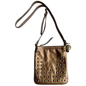Nine West Retro Womens Metallic Crossbody Bag Brown Cooper Studded Charm Purse